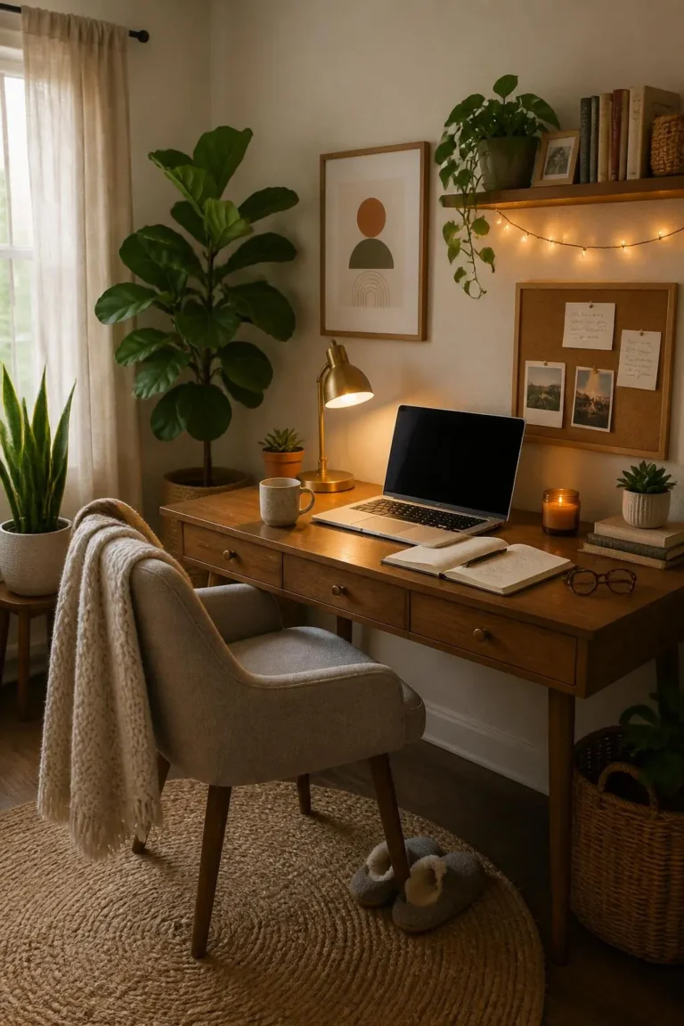 10 Cozy Home Office with Plants and Warm Lighting Ideas