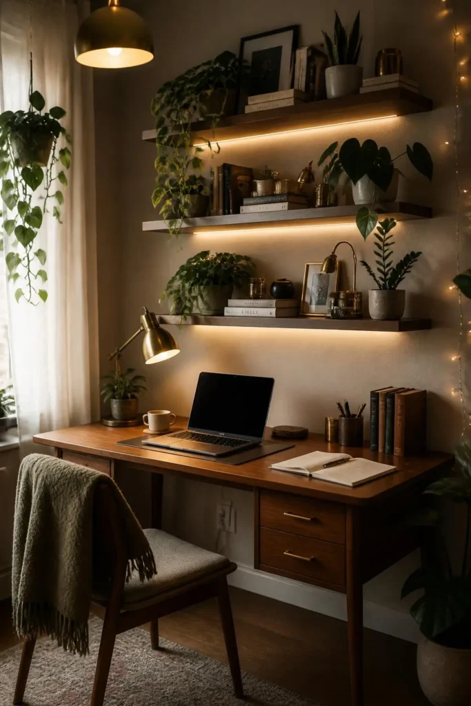 10 Cozy Home Office with Plants and Warm Lighting Ideas