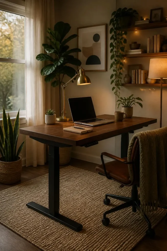10 Cozy Home Office with Plants and Warm Lighting Ideas