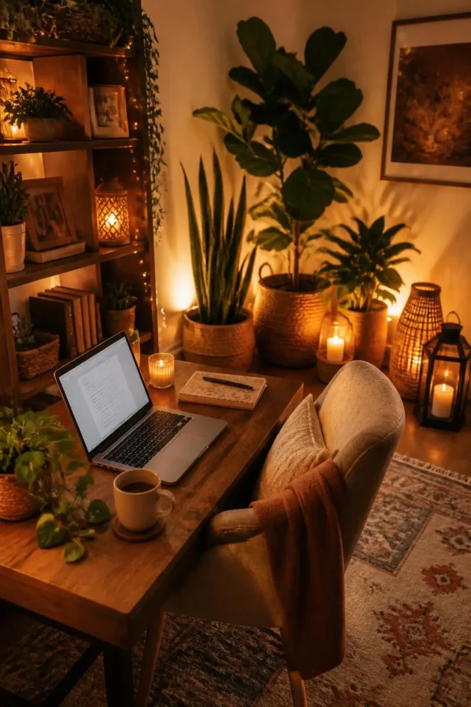 10 Cozy Home Office with Plants and Warm Lighting Ideas