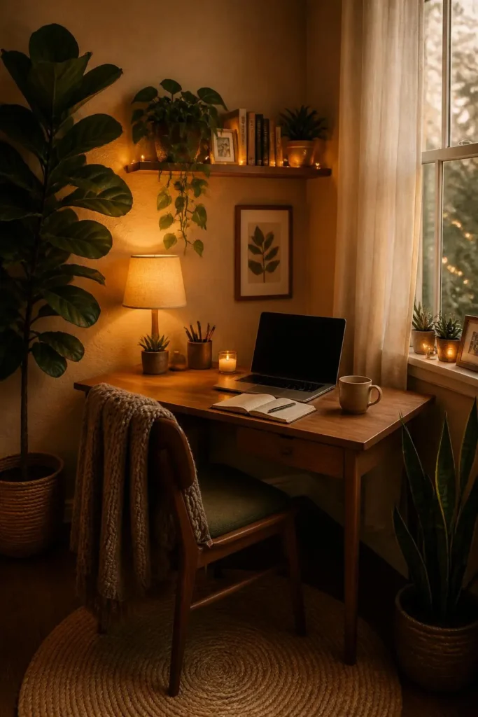 10 Cozy Home Office with Plants and Warm Lighting Ideas