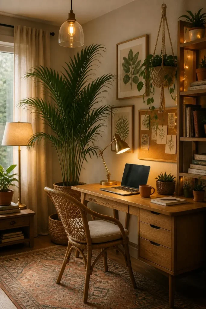 10 Cozy Home Office with Plants and Warm Lighting Ideas