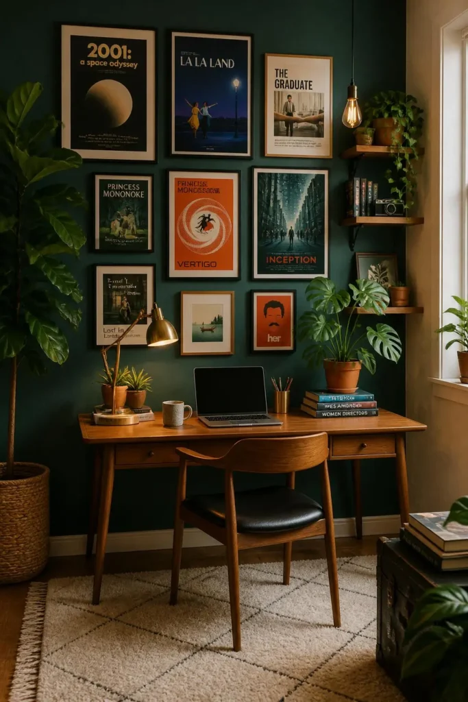 10 Cozy Home Office with Plants and Warm Lighting Ideas