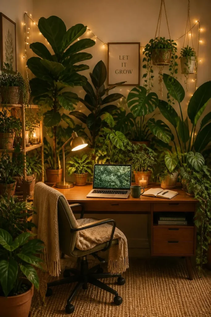 10 Cozy Home Office with Plants and Warm Lighting Ideas