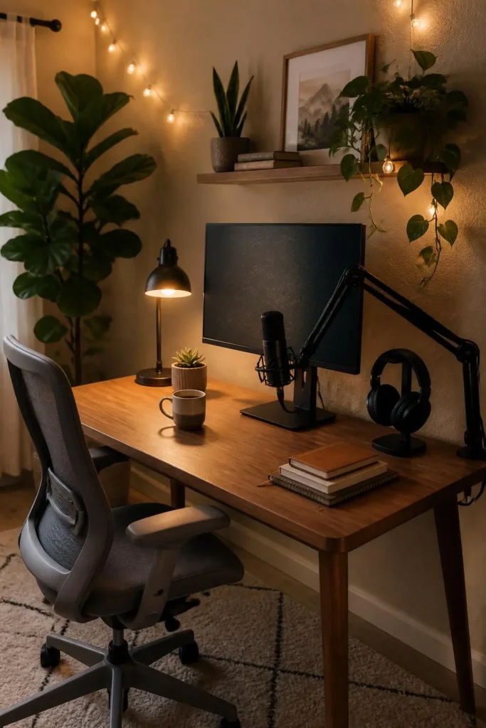 10 Cozy Home Office with Plants and Warm Lighting Ideas