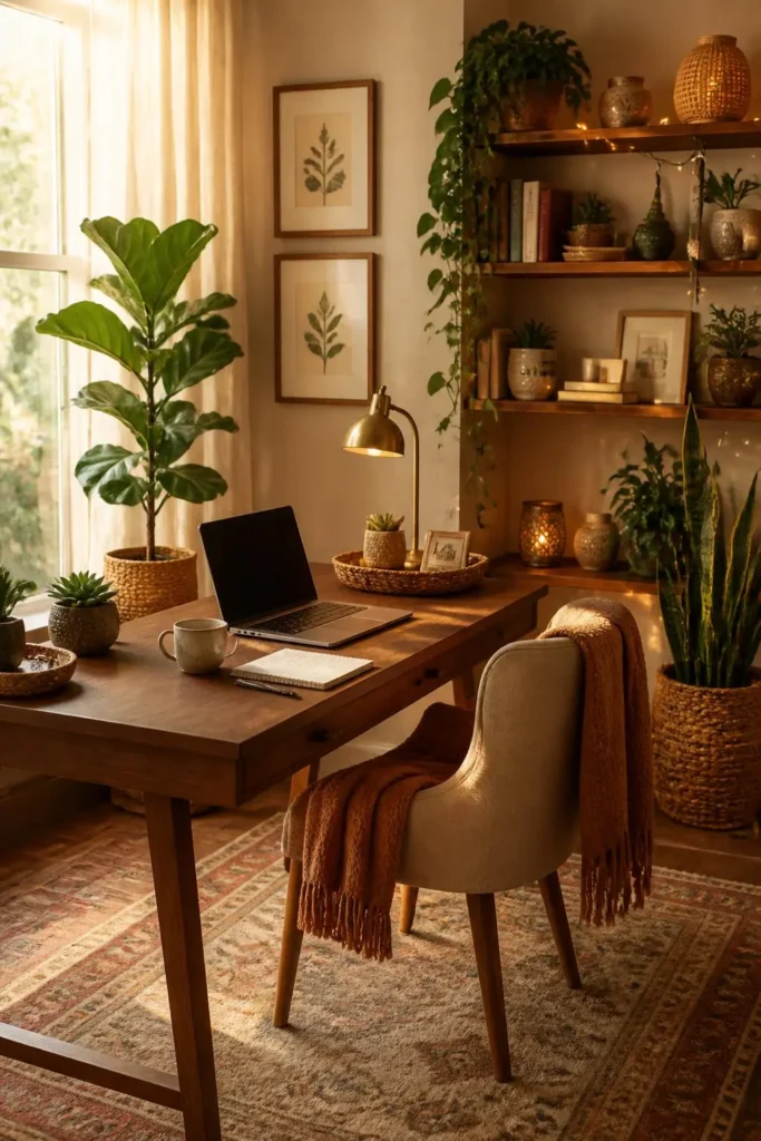 10 Cozy Home Office with Plants and Warm Lighting Ideas