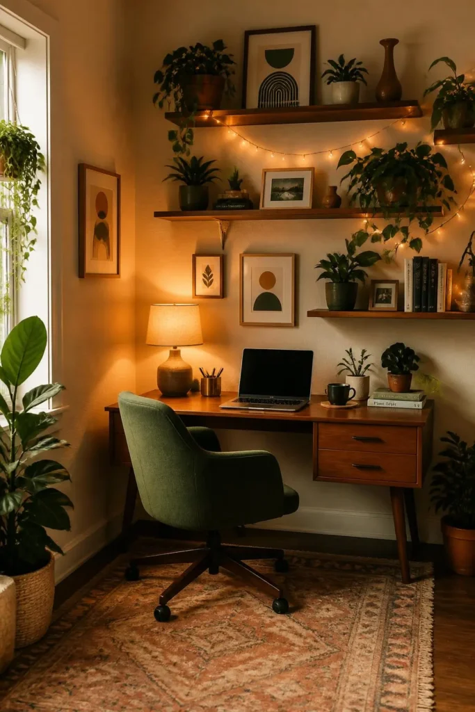10 Cozy Home Office with Plants and Warm Lighting Ideas
